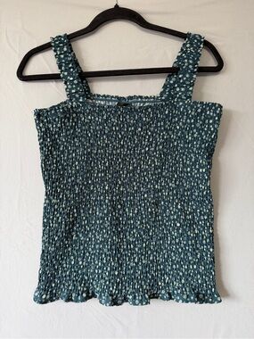 Far West Womens Boho Floral Smocked Tank Top Size L Green Cottagecore Stretchy